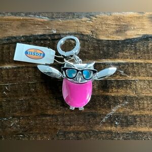 Fossil 2014 Owl Bag Charm with Moveable Wings Enamel Design Silver Tone
